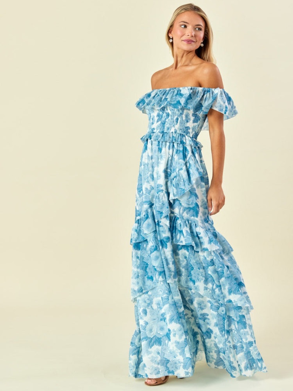 Lulakate Ellison Blue Floral Off-Shoulder Maxi Dress